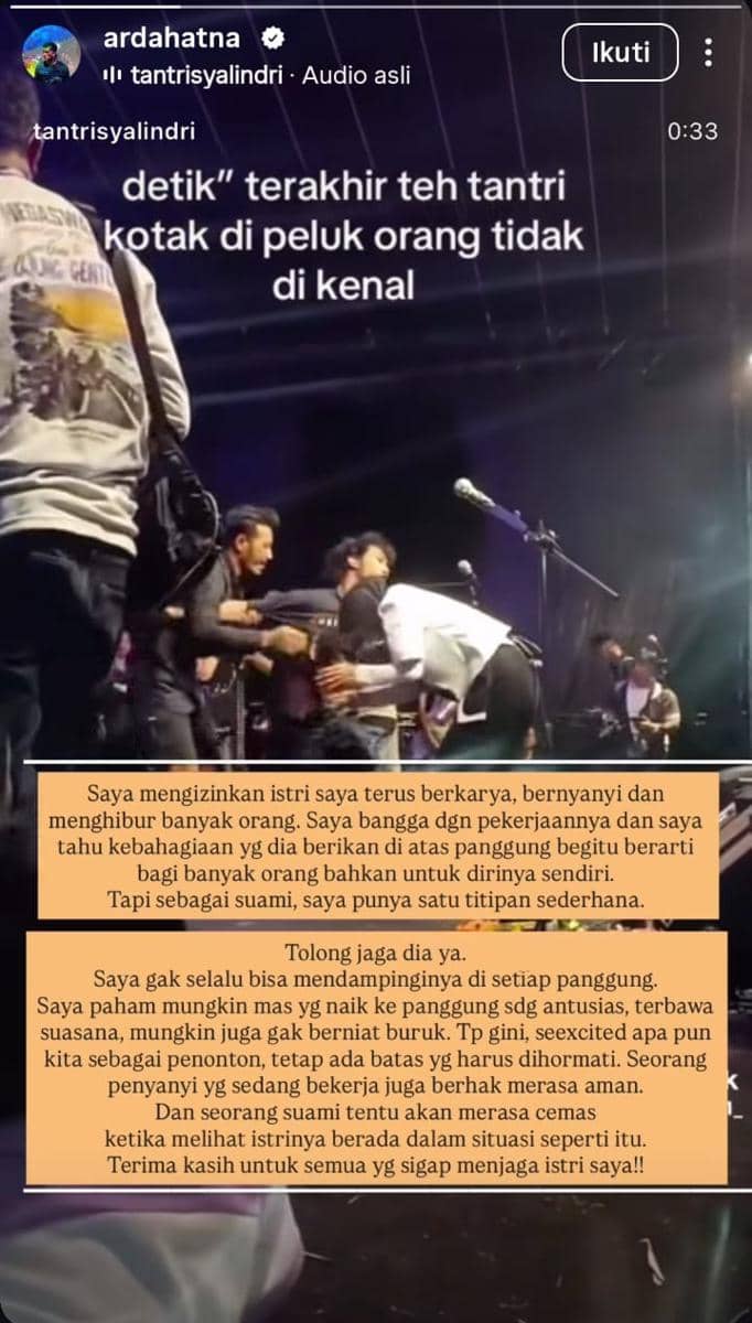 Tanggapan Arda soal Tantri yang dipeluk orang tidak dikenal pas manggung