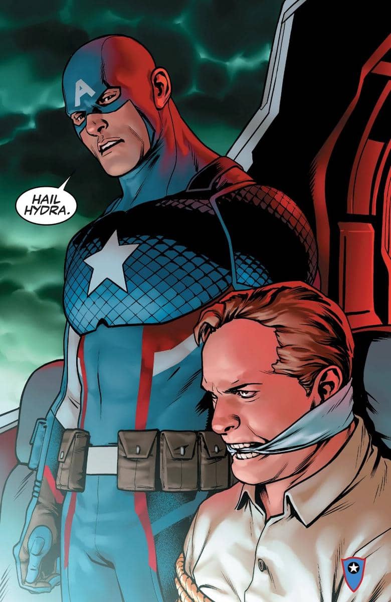 Ilustrasi karakter varian Steve Rogers mengenakan kostum biru dengan huruf A di topengnya berdiri di samping pria yang terikat dan dibungkam.