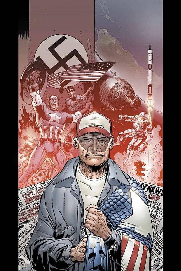 Ilustrasi varian Steve Rogers dari Marvel Comics mengenakan jaket dan topi, memegang perisai Captain America dengan latar simbol Nazi dan roket.