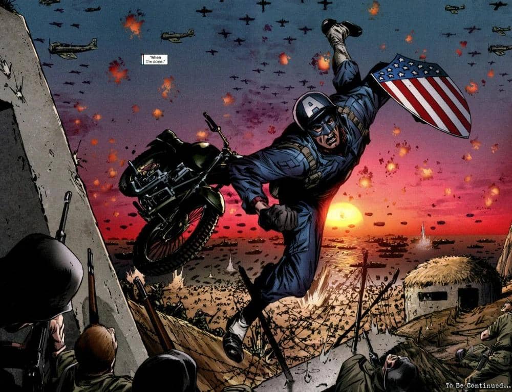 Seorang pahlawan super mengenakan kostum biru dengan perisai bermotif bendera Amerika melompat sambil membawa motor di medan perang saat matahari terbenam.