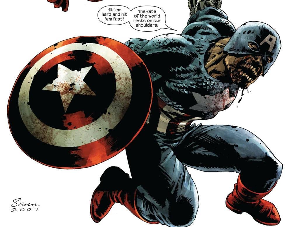 Ilustrasi karakter mirip Captain America versi zombie dari Marvel Comics mengenakan kostum biru dan membawa perisai bintang merah putih.