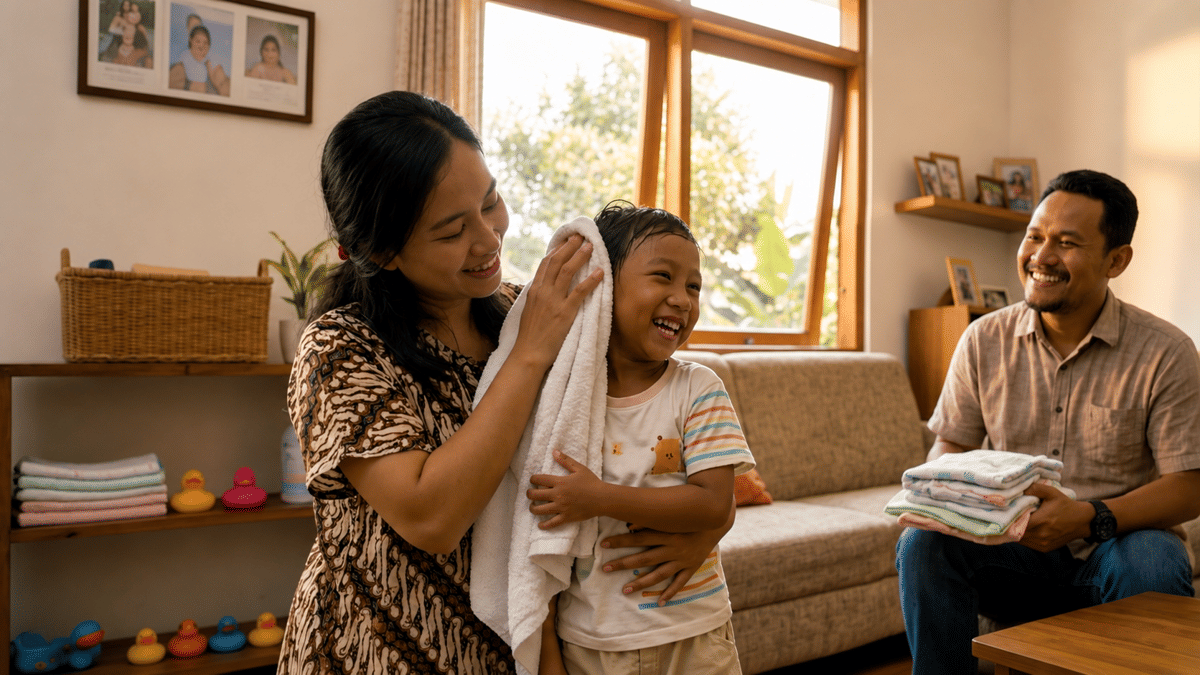 Seorang ibu mengeringkan rambut anaknya dengan handuk sambil tersenyum, sementara ayah duduk di sofa memegang tumpukan handuk bersih.