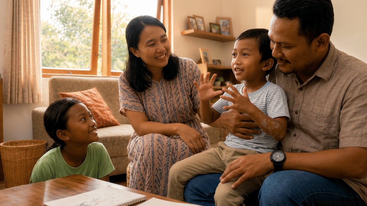 Keluarga terdiri dari ayah, ibu, dan dua anak sedang bercengkerama dengan bahagia di ruang tamu yang hangat dan terang.
