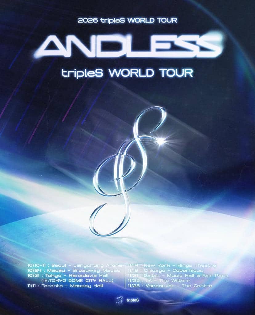 Poster tur dunia 2026 tripleS bertajuk ANDLESS dengan daftar kota seperti Seoul, Tokyo, New York, dan Los Angeles.