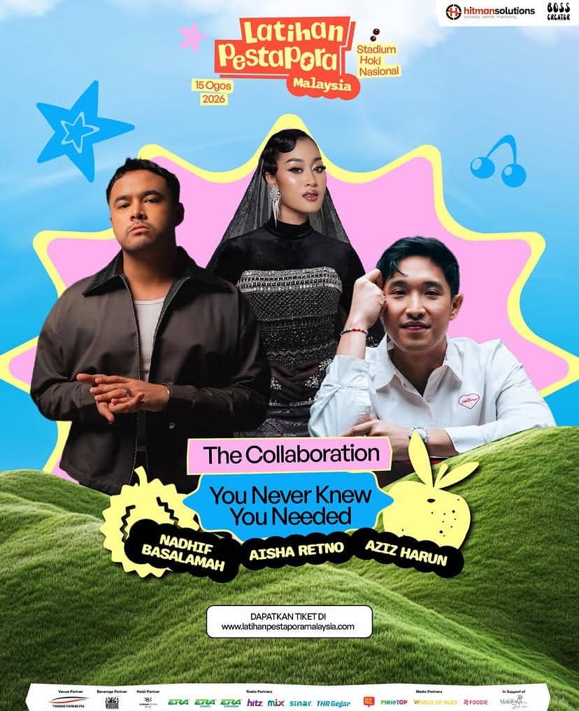 Poster acara Latihan Pestapora Malaysia 2026 menampilkan tiga musisi dengan latar warna cerah dan informasi tanggal serta lokasi konser.