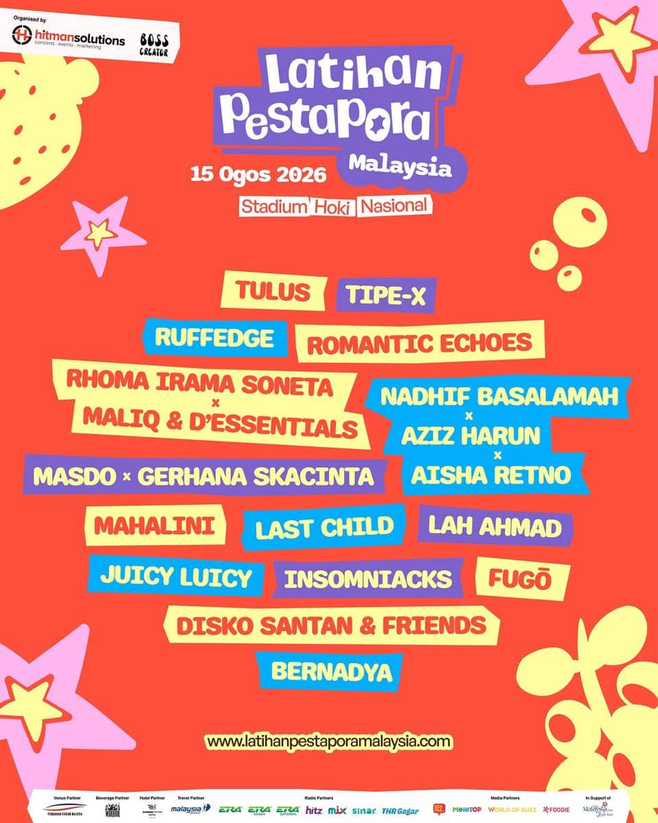 Poster Latihan Pestapora Malaysia 2026 dengan daftar penampil musik seperti Tulus, Tipe-X, Rhoma Irama Soneta, dan lainnya di Stadion Hoki Nasional.