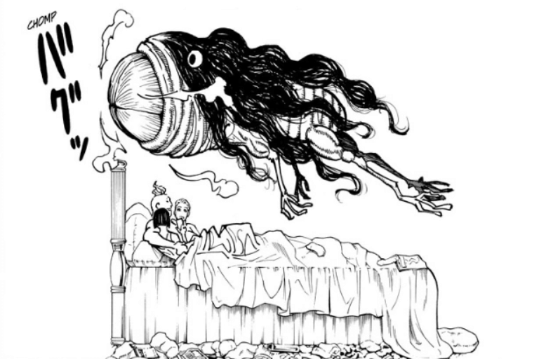 Ilustrasi makhluk Nen Predator milik Rihan dari manga Hunter x Hunter sedang menyerang seseorang di atas tempat tidur.