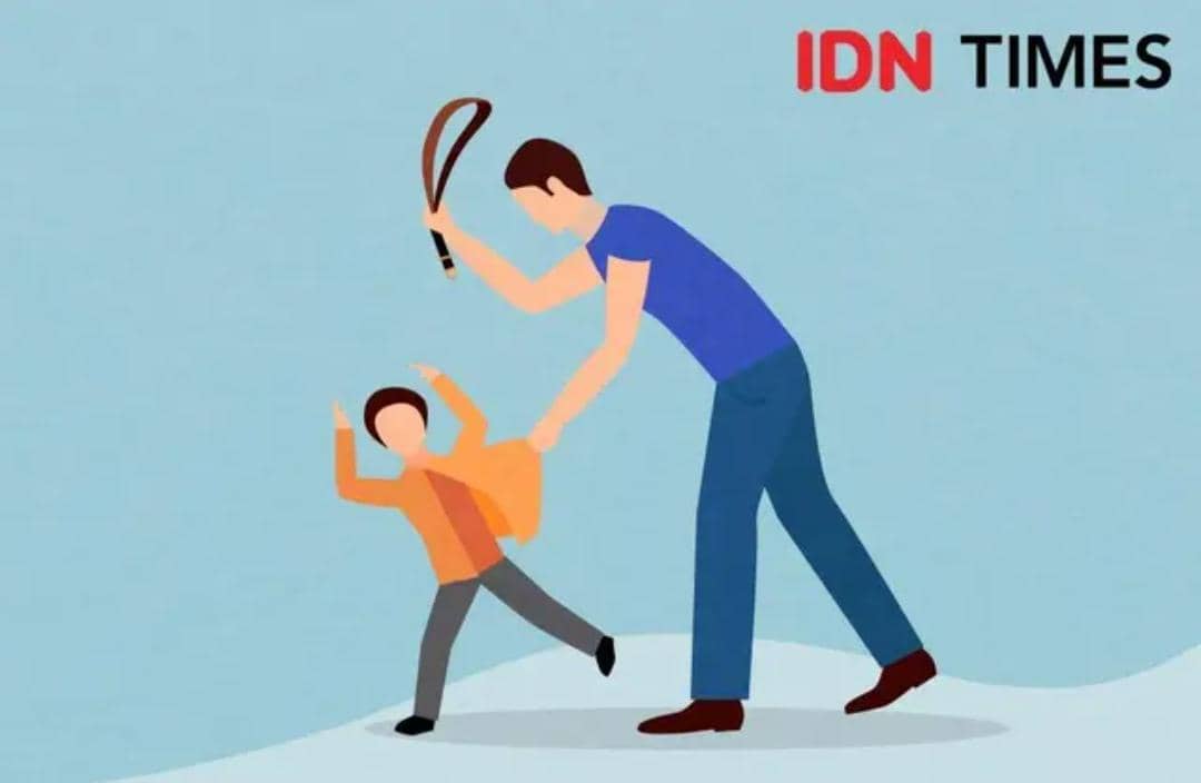 Ilustrasi seorang pria mengangkat tangan memegang sabuk hendak memukul anak kecil yang berusaha melindungi diri dari kekerasan.