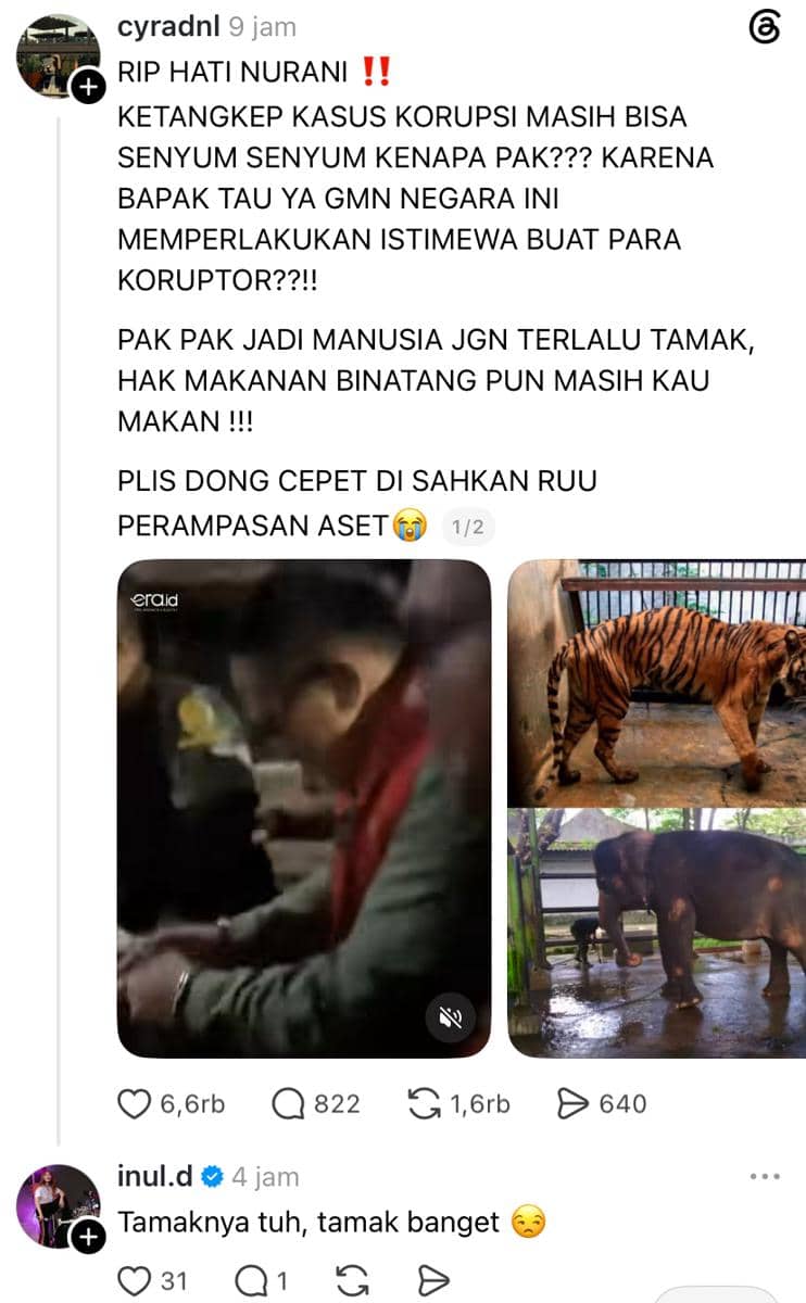 Tangkapan layar unggahan Threads berisi komentar tentang kasus korupsi dengan gambar hewan seperti harimau dan gajah di kandang.