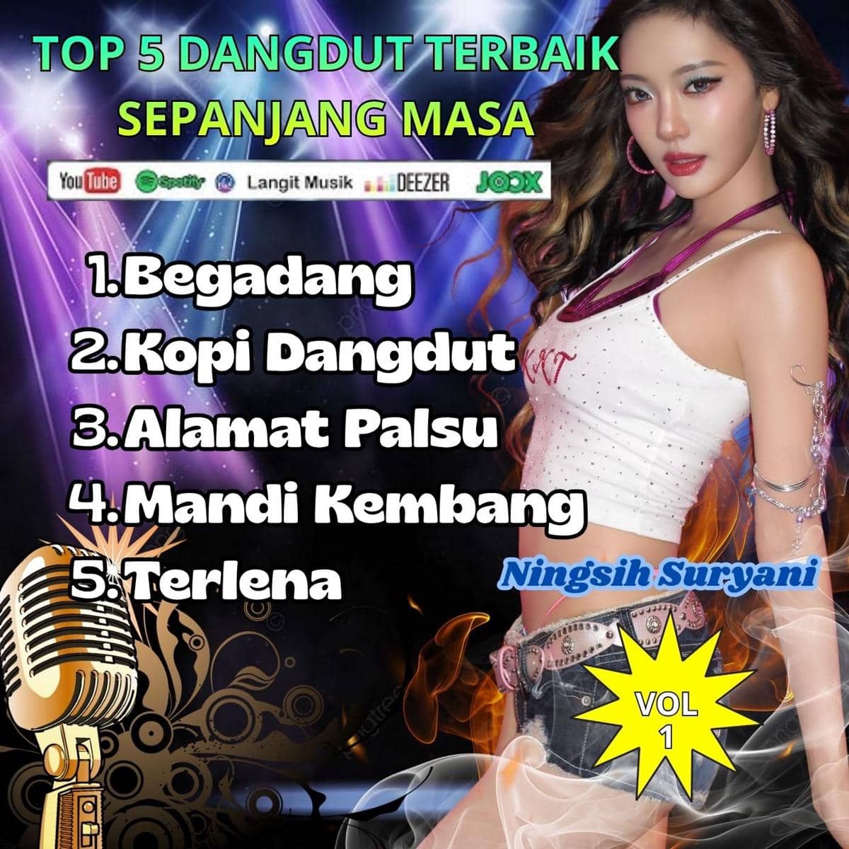 Seorang wanita berpose di samping daftar lima lagu dangdut terbaik sepanjang masa dengan latar warna ungu dan mikrofon emas.