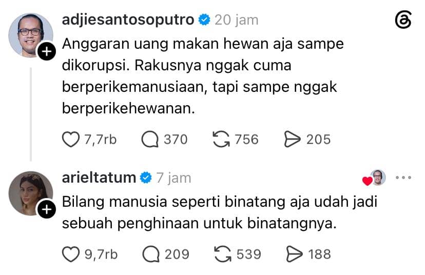 Tangkapan layar percakapan di Threads antara dua pengguna yang membahas isu korupsi dan kemanusiaan dengan nada sindiran.