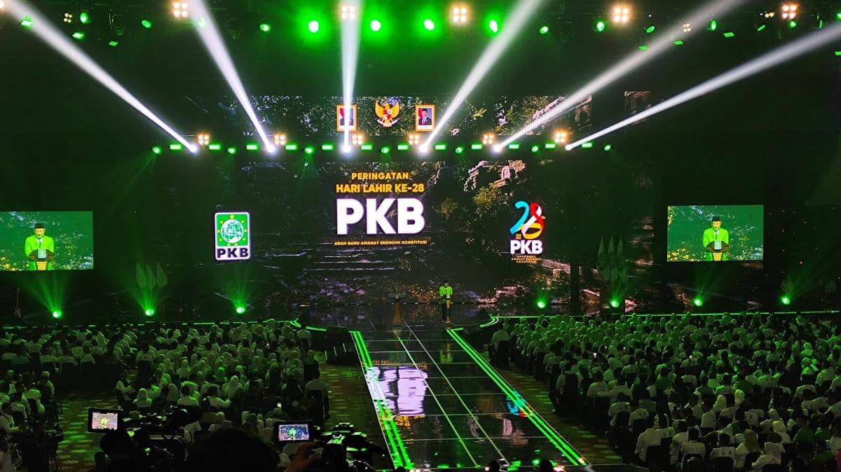 Ketua Umum Partai Kebangkitan Bangsa (PKB) Muhaimin Iskandar alias Cak Imin saat menghadiri peringatan Hari Lahir (Harlah) ke-28 Partai Kebangkitan Bangsa (PKB), di Jakarta Convention Center (JCC)