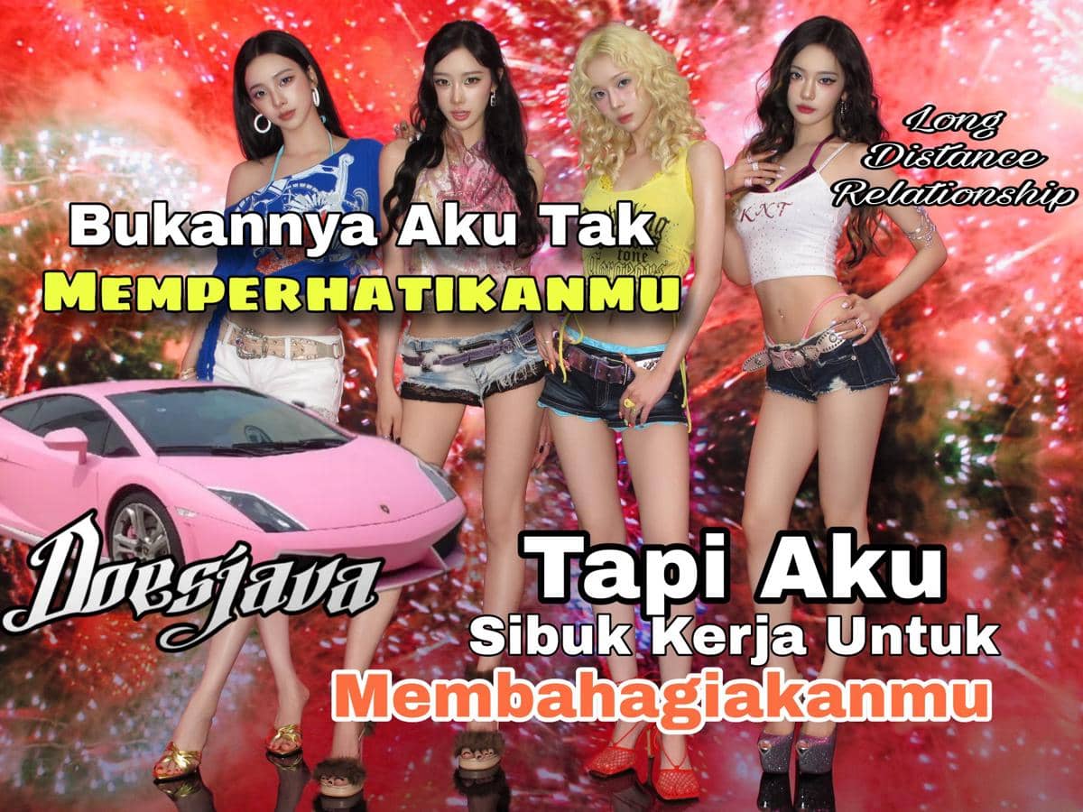 Empat wanita berpose di depan latar kembang api dengan mobil sport merah muda dan teks meme bertema hubungan jarak jauh.