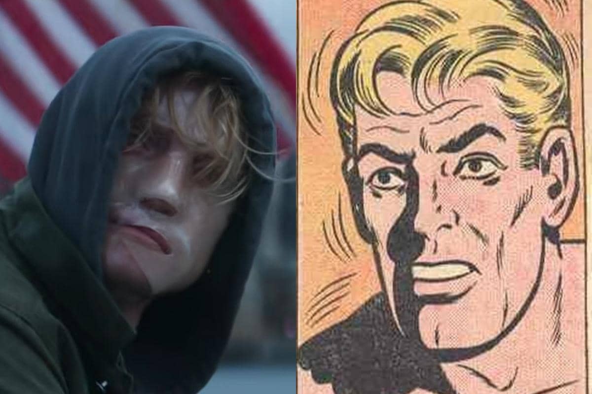 Perbandingan karakter Matt Hagen versi live-action di DCU mengenakan hoodie gelap dan versi komik klasik DC Comics dengan rambut pirang.