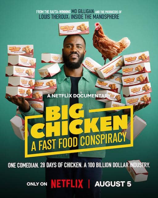 Poster dokumenter Netflix berjudul Big Chicken: A Fast Food Conspiracy menampilkan seorang pria memegang banyak kotak ayam goreng dengan latar hijau.