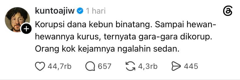 Tangkapan layar unggahan akun Threads kuntoajiw yang menyoroti kasus korupsi dana kebun binatang dan kondisi hewan yang kurus akibatnya.