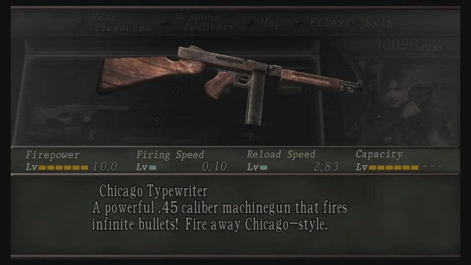 Tampilan senjata Chicago Typewriter dalam game Resident Evil 4 versi PS2 dengan detail statistik daya tembak, kecepatan, dan kapasitas peluru.