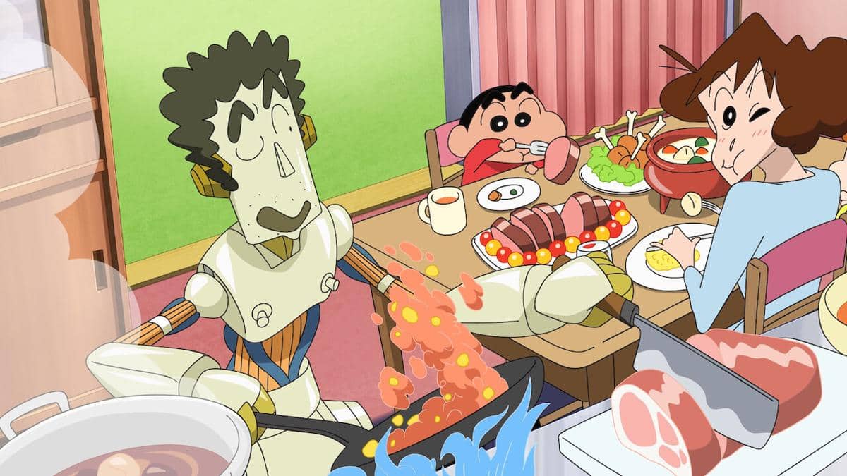 Cuplikan animasi Crayon Shinchan: Robot Dad Strikes Back dari Muse Indonesia, menampilkan karakter dalam adegan film.