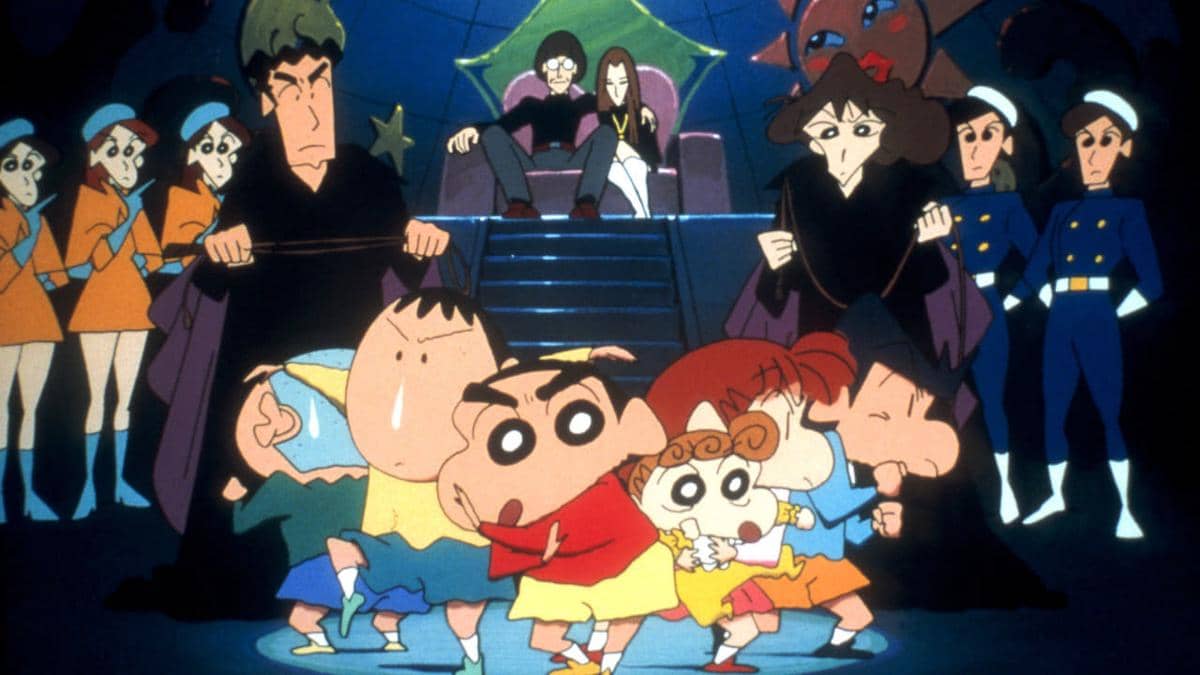 Cuplikan animasi dari film Crayon Shinchan: The Adult Empire Strikes Back, dengan kredit dokumentasi MUBI.
