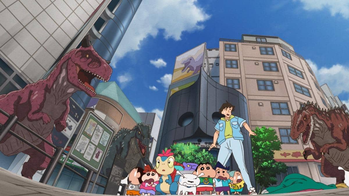 Cuplikan animasi dari film Crayon Shinchan: Our Dinosaur Diary yang menampilkan karakter dalam salah satu adegan.