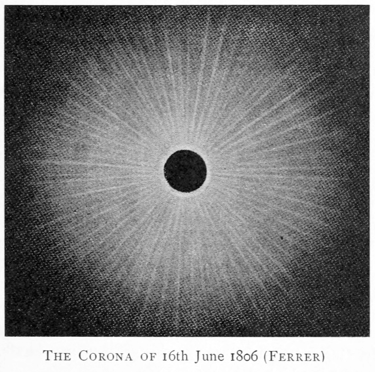 ilustrasi korona Matahari selama gerhana matahari total yang digambar oleh Astronom José Joaquín de Ferrer di abad ke-19