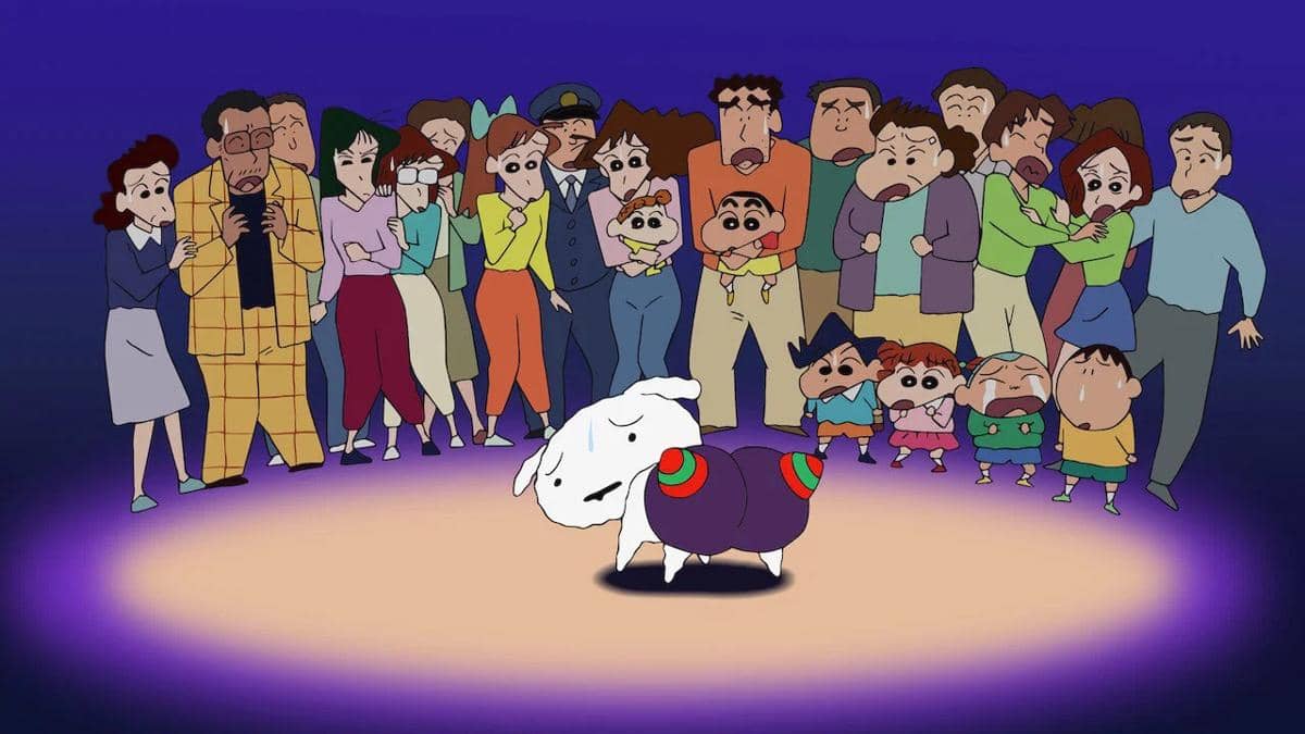 Cuplikan adegan animasi dari film Crayon Shinchan: The Singing Buttocks Bomb dengan kredit dokumentasi MUBI.