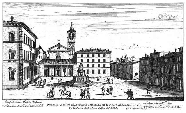 gambar sketsa Basilika St. Maria Trastevere dan bangunan di sekitarnya yang dibuat oleh arsitek Giovanni Battista Falda pada abad ke-17
