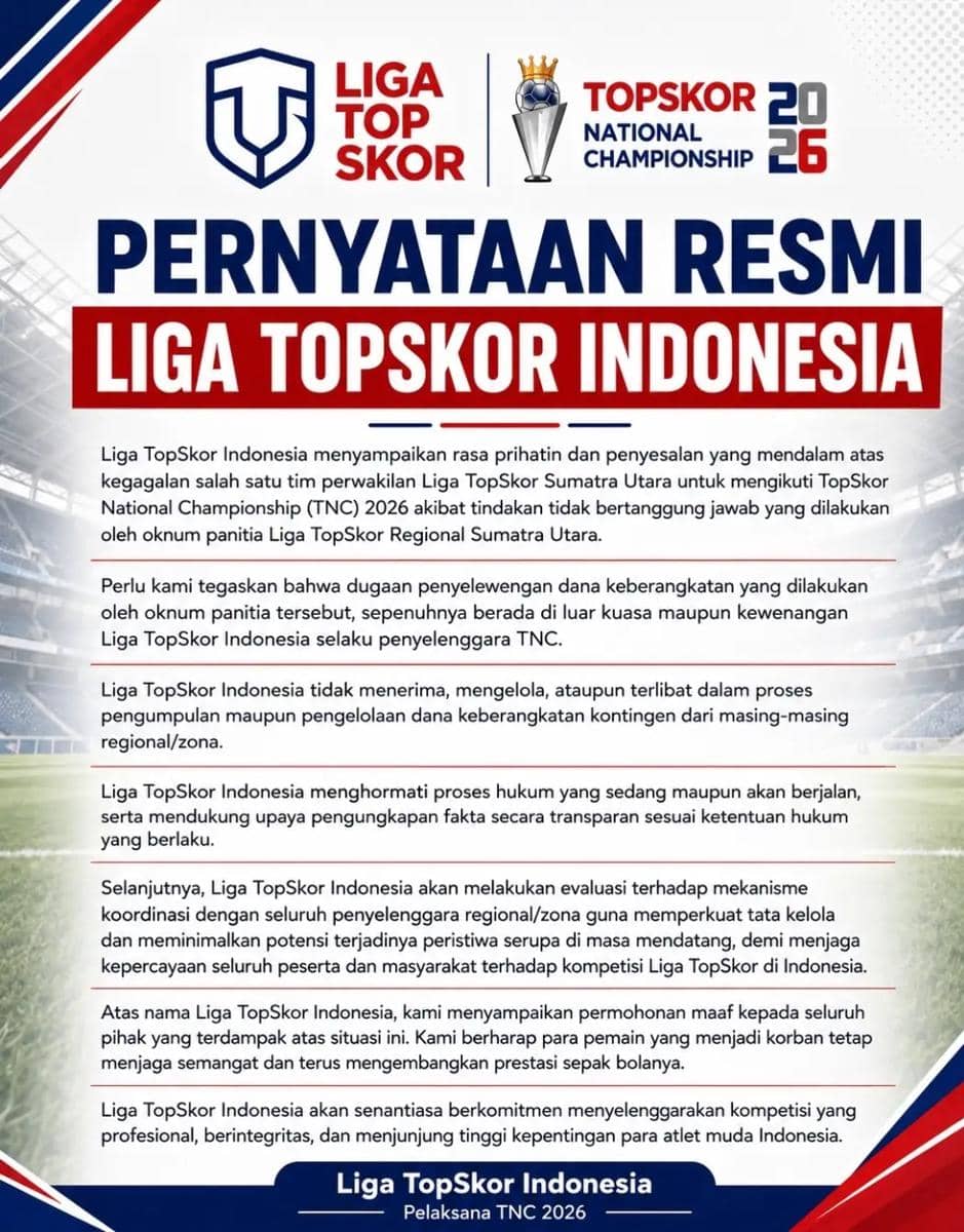 Unggahan Instagram Liga TopSkor Indonesia berisi pernyataan resmi dengan latar putih dan logo organisasi.