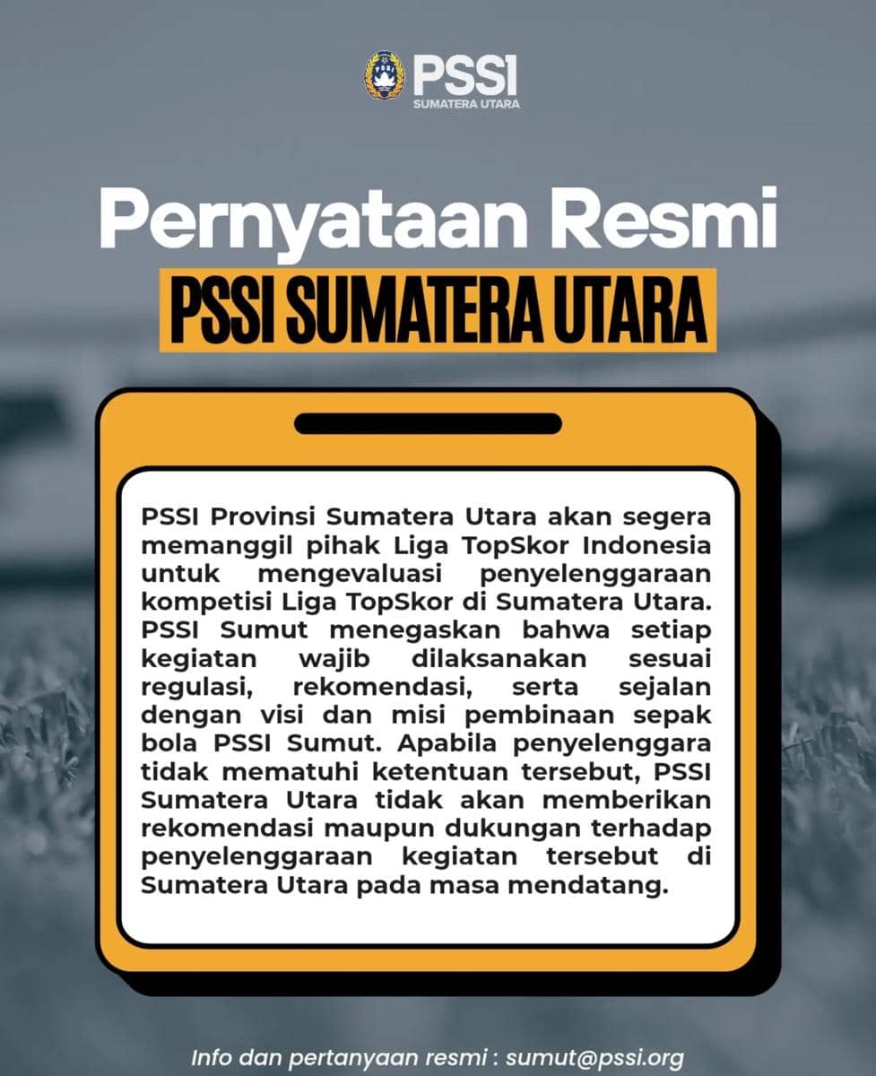 Pernyataan resmi PSSI Sumatra Utara yang diunggah melalui akun Instagram PSSI Sumut sebagai informasi organisasi.