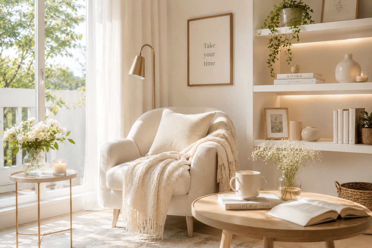 Ilustrasi cozy corner dengan suasana ruangan hangat dan nyaman untuk bersantai di dalam rumah pribadi.