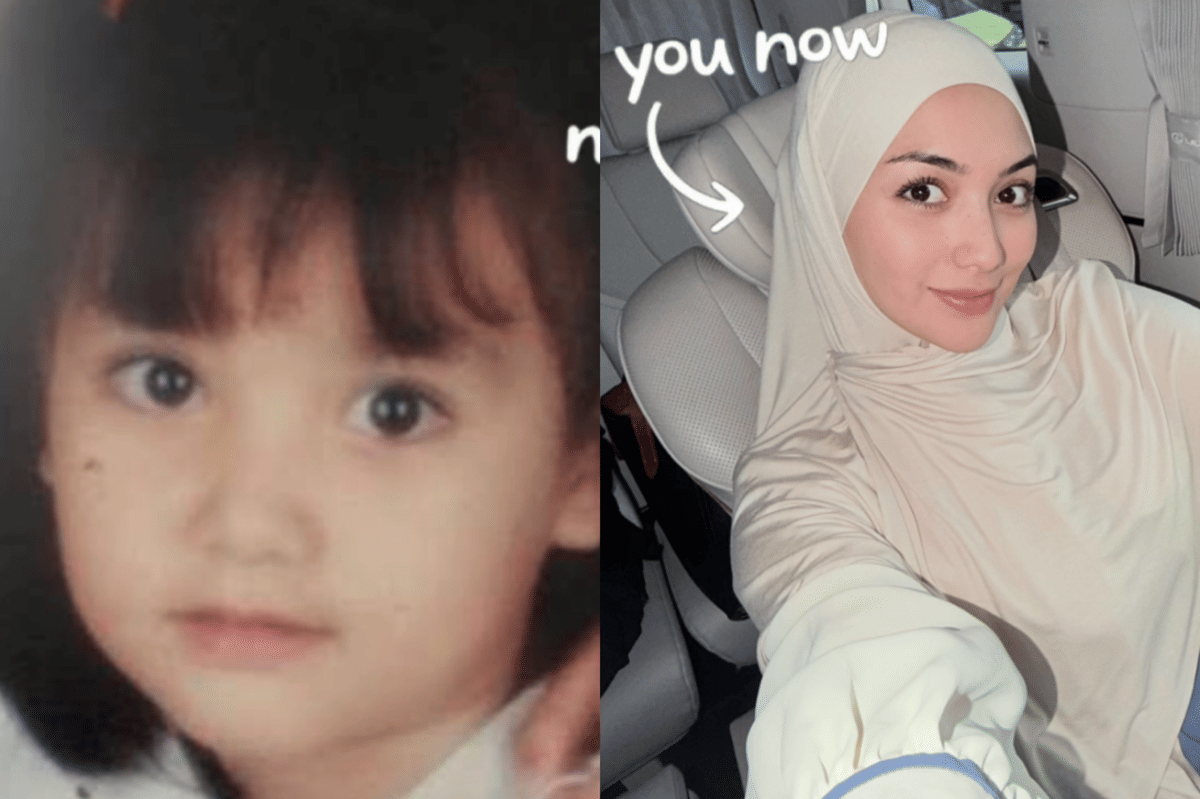 Kolase potret seorang artis saat kecil dan sekarang, memperlihatkan perubahan penampilannya dari masa kanak-kanak hingga dewasa.