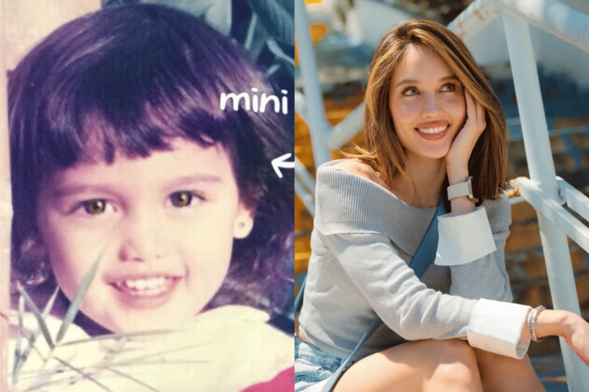 Kolase potret Cinta Laura mengikuti tren mini me vs you now, membandingkan penampilannya saat kecil dan kini.