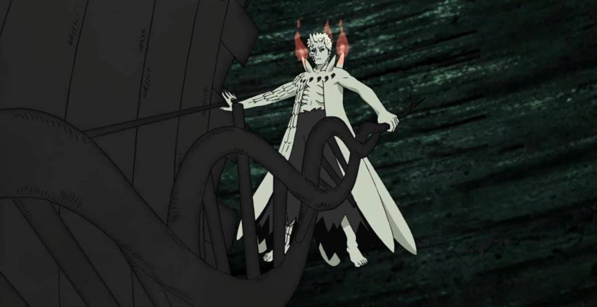 Ilustrasi Sword of Nunoboko, pedang hitam berujung bercabang dari serial anime Naruto pada latar gelap.