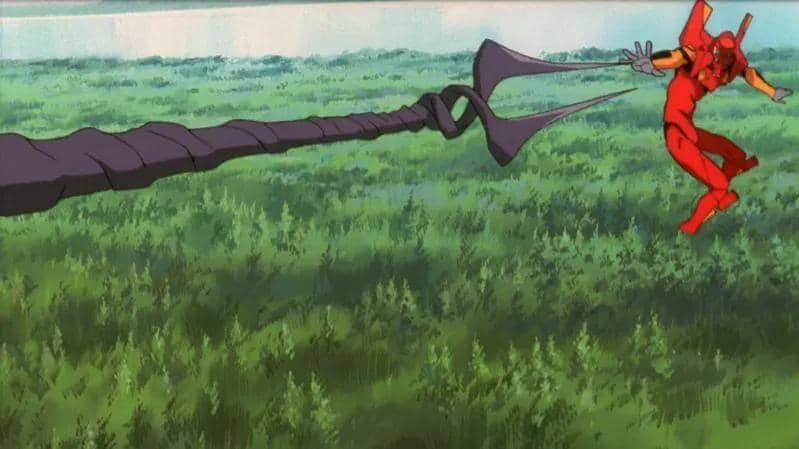 Spear of Longinus berwarna merah melintang di langit biru dalam adegan anime Evangelion yang dramatis.