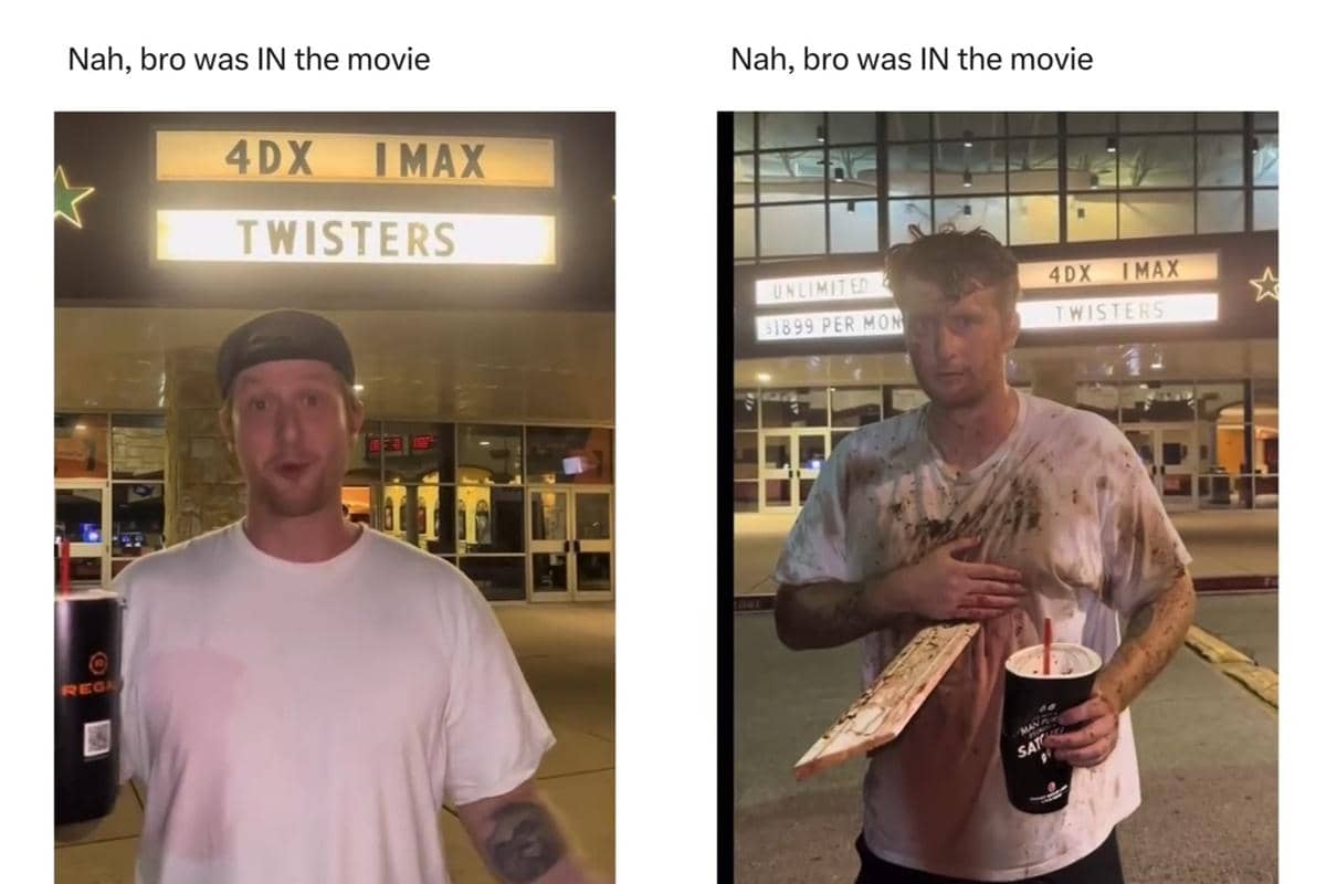 Meme humor tentang pengalaman menonton film di bioskop 4DX yang dibagikan akun Instagram memesinyourdms.