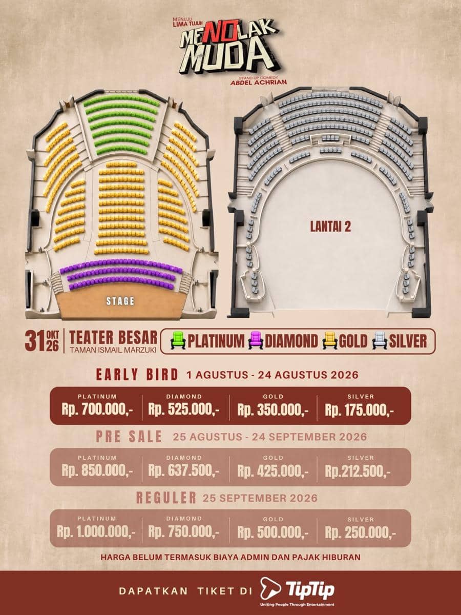 Poster pertunjukan komedi tunggal Abdel Achrian bertajuk “Menuju Lima Tujuh: Menolak Muda” dengan latar warna cerah.