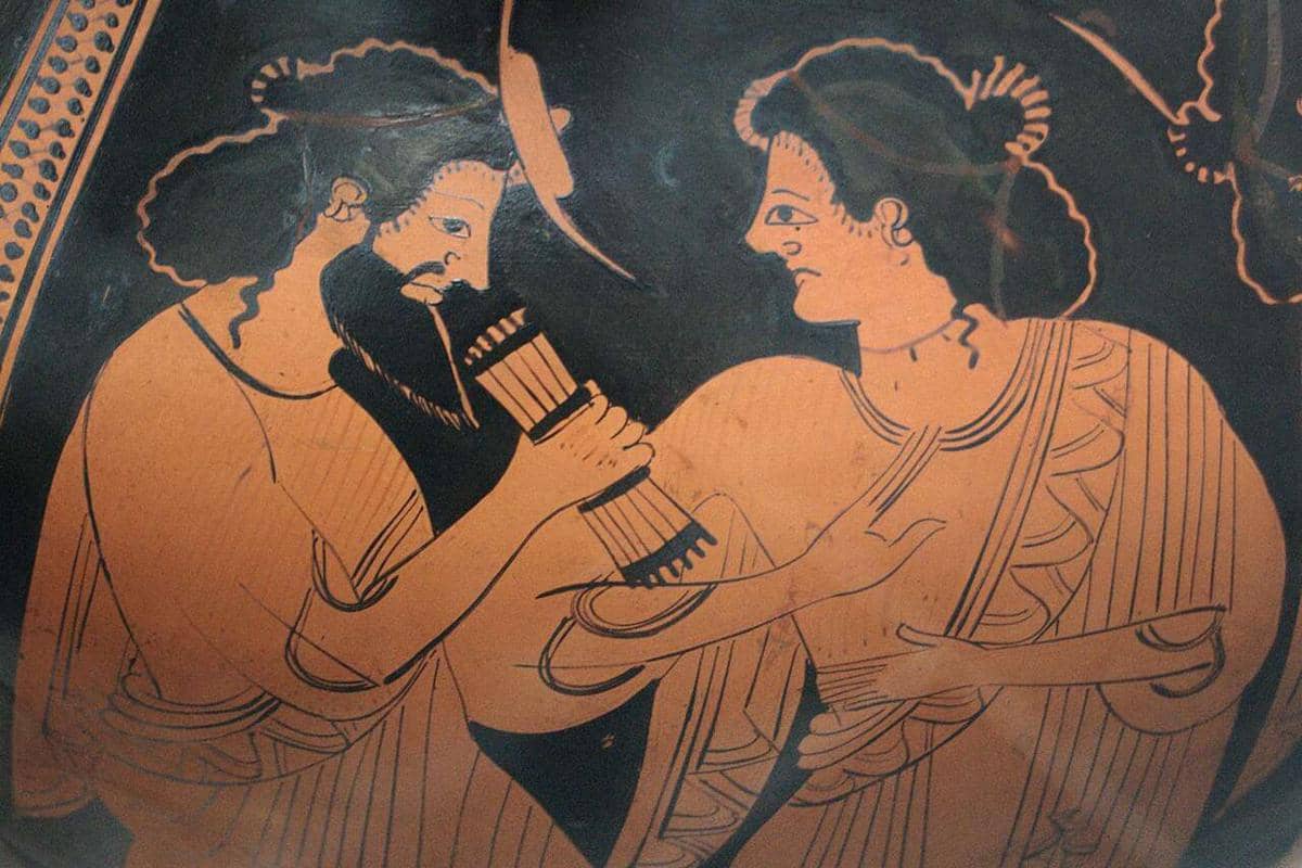 Hermes bersama ibunya, Maia di guci sekitar 500 SM