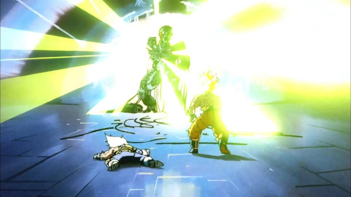 Goku mengangkat satu tangan ke udara sambil menciptakan bola ki kuning bercahaya dari serial Dragon Ball.