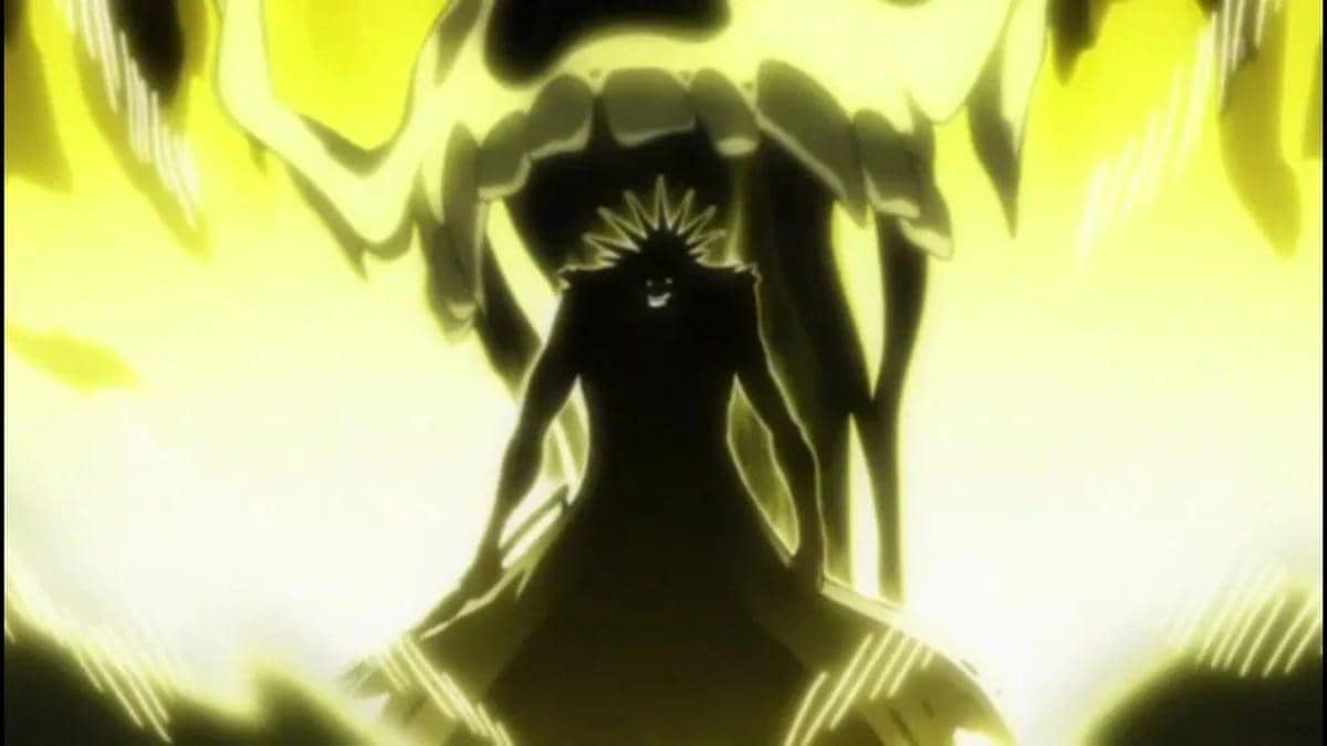 Ilustrasi jurus tenaga dalam Reiatsu dalam anime Bleach produksi Studio Pierrot dengan efek energi spiritual.