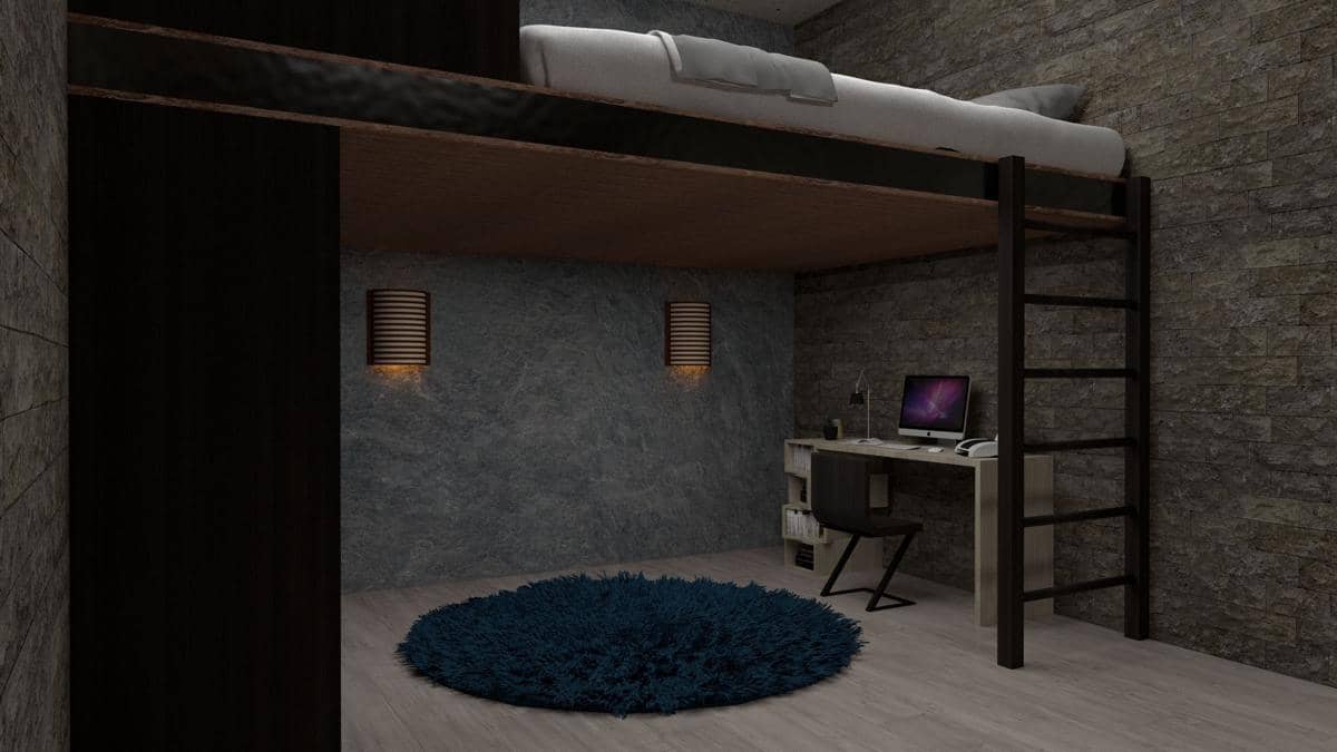 Kamar bergaya mezzanine dengan area tidur di lantai atas, meja kerja, kursi, dan tangga kayu di interior bernuansa terang.