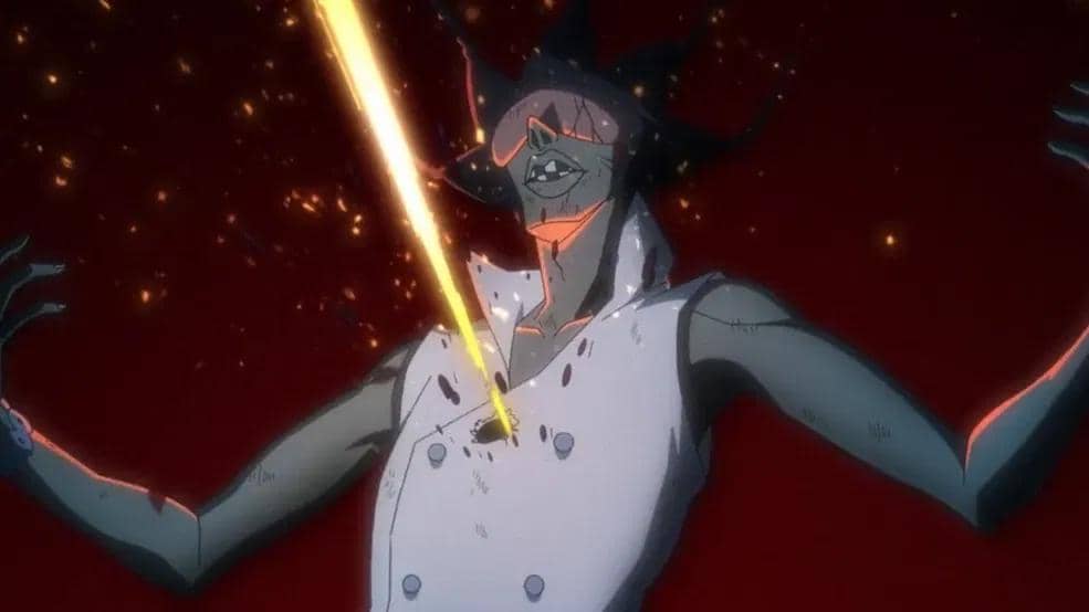 NaNaNa tampak tertembak oleh serangan Bazz-B dalam adegan anime Bleach: Thousand-Year Blood War produksi Pierrot.