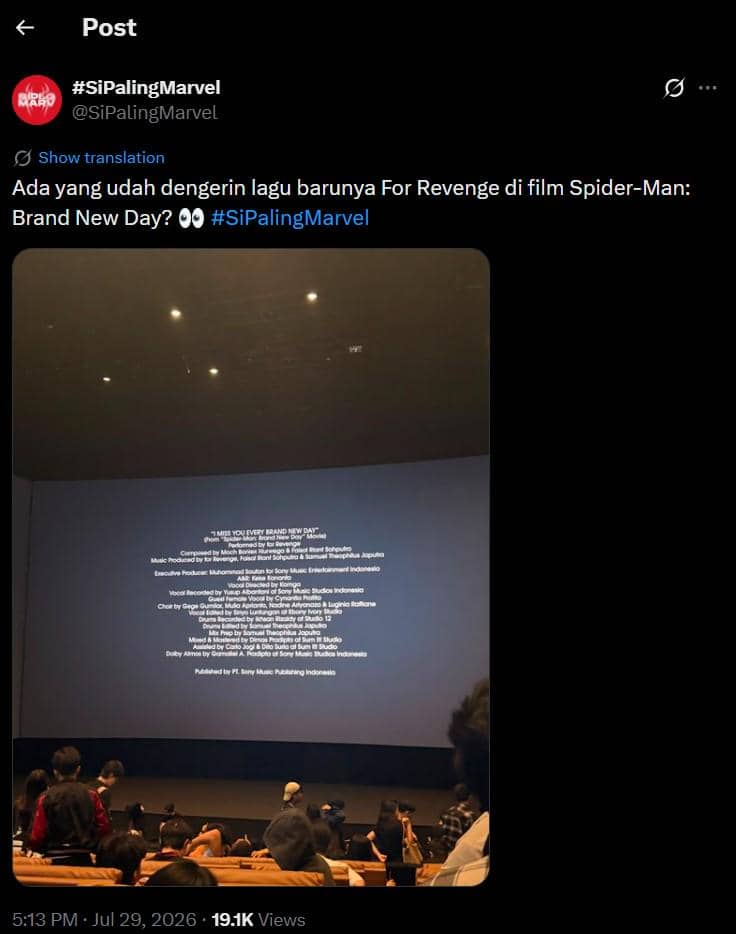 Tangkapan layar unggahan X tentang reaksi netizen mendengar lagu for Revenge di film Spider-Man: Brand New Day.