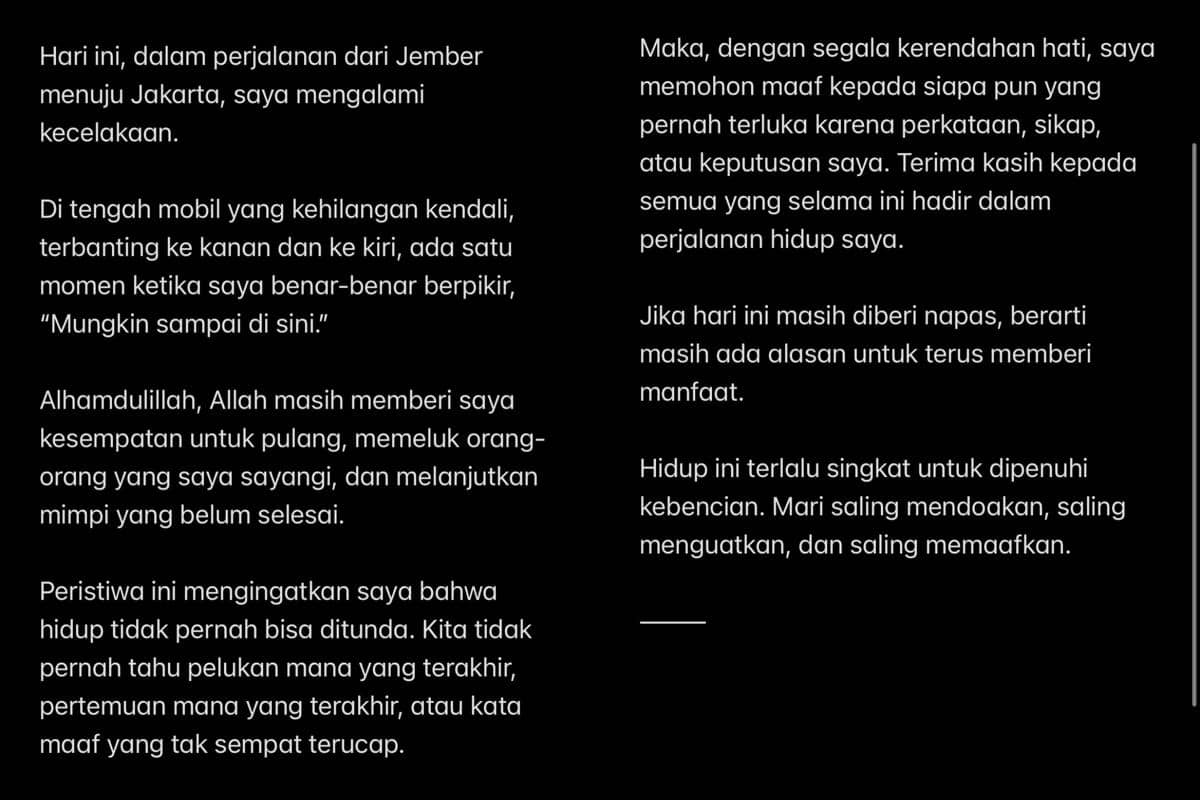 Bubah Alfian mengalami kecelakaan dalam perjalanan dari Jember menuju Jakarta, menurut unggahan Instagramnya.