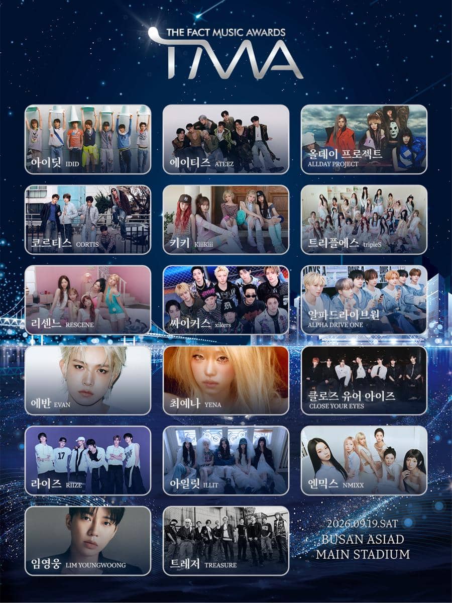 Daftar lengkap lineup The Fact Music Awards 2026 dalam poster pengumuman dari akun X resmi The Fact TMA.