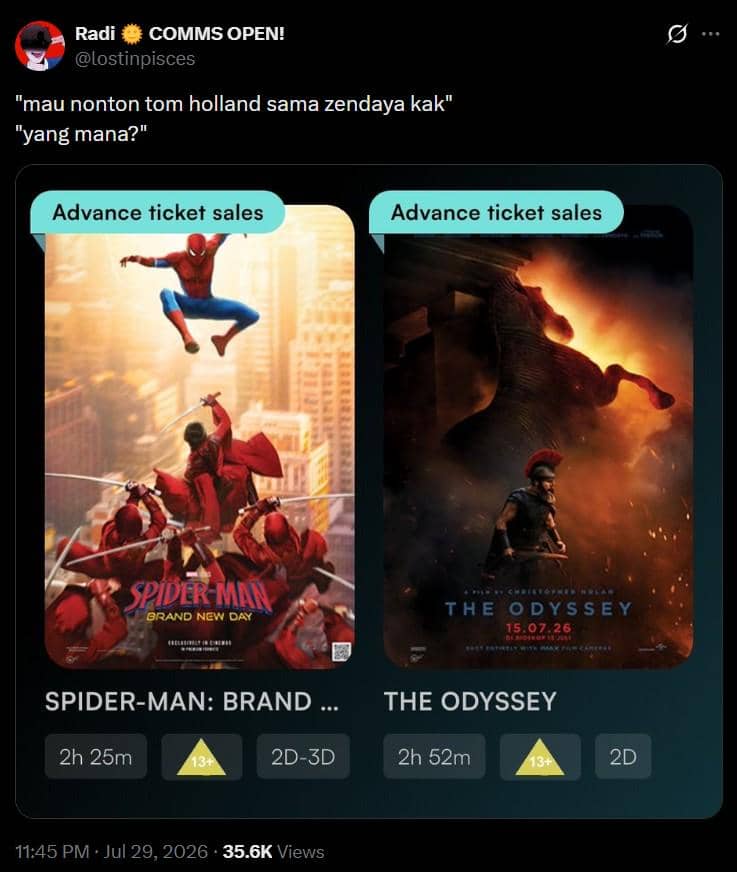 Meme tentang pengalaman menonton Spider-Man: Brand New Day, bersumber dari akun X @lostinpisces.