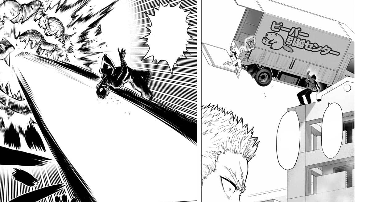 Suiryu menopang truk ekspedisi yang hampir terguling di jalan dalam adegan anime One Punch Man.