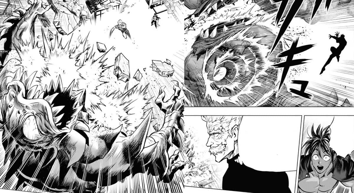 Garou melancarkan serangan keras kepada Hellmon dalam adegan pertarungan sengit dari manga One Punch Man.