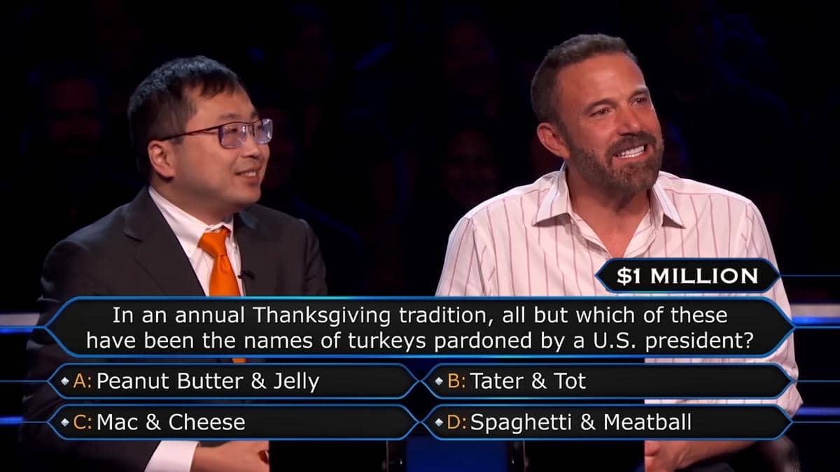 Potret Ben Affleck dan Jamie Ding dalam kuis Who Wants to Be a Millionaire (youtube.com/ABC)