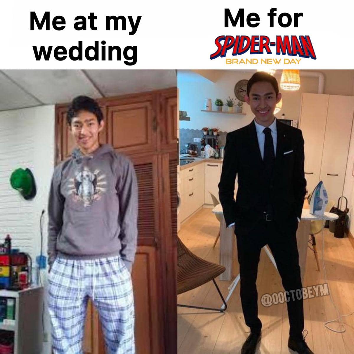 Meme tentang antusiasme menonton Spider-Man: Brand New Day yang dibagikan akun @ooctobeym di media sosial.