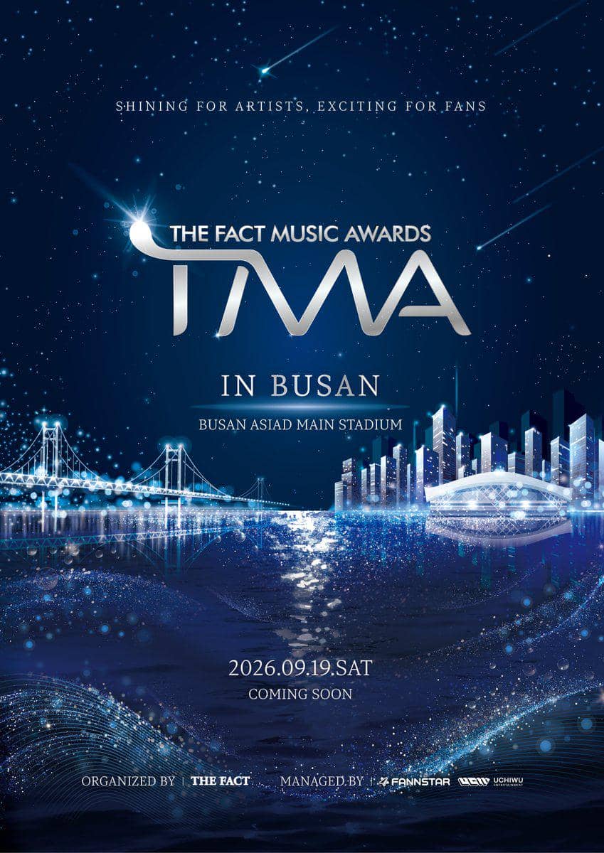 Logo The Fact Music Awards 2026 dengan tulisan nama ajang penghargaan musik tersebut pada latar grafis.